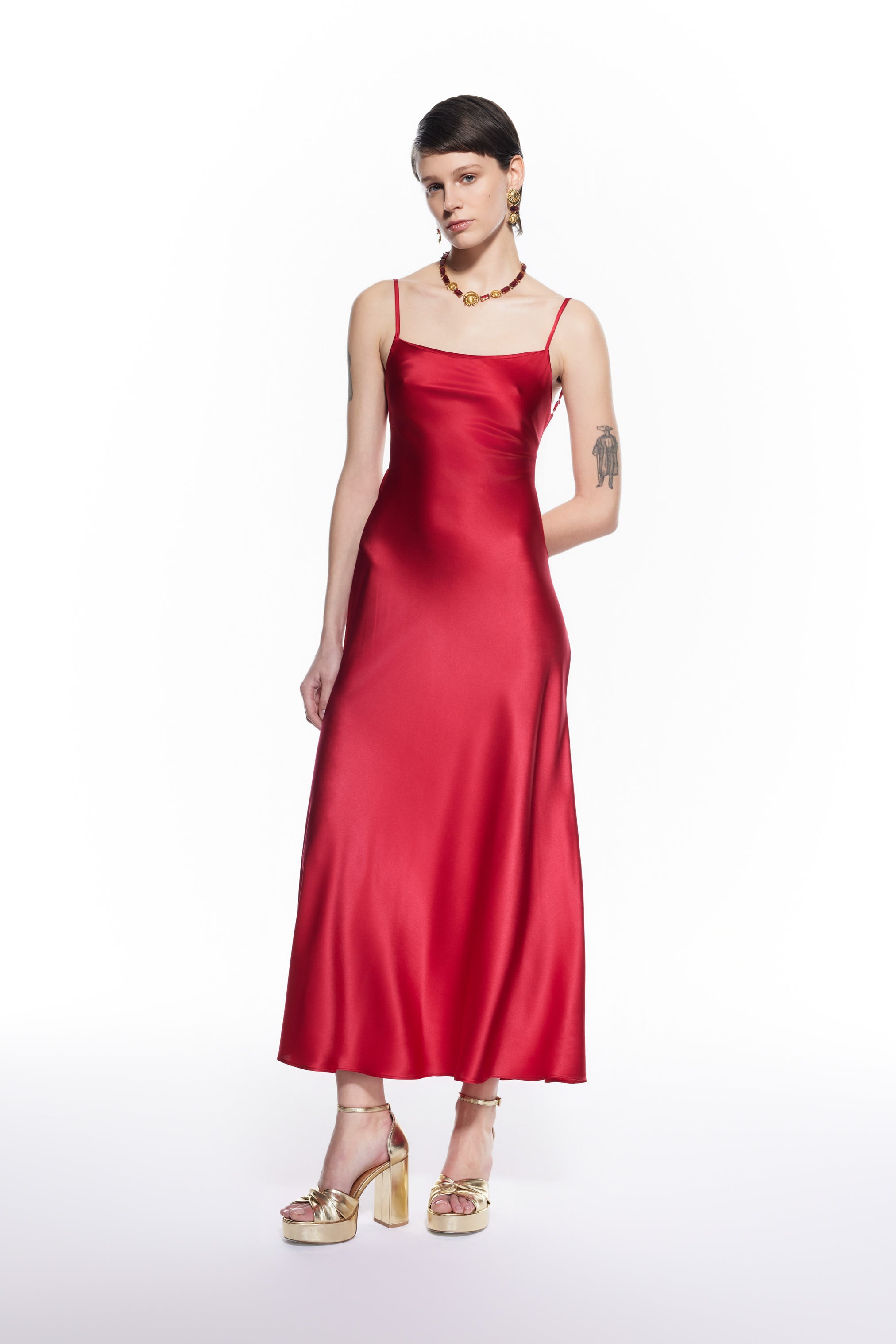 Red Back String Long Silk Dress.