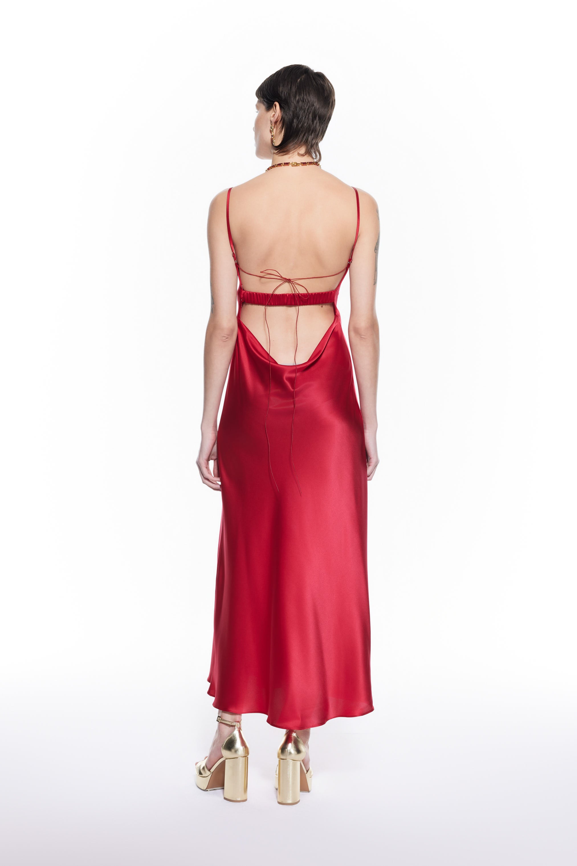 Red Back String Long Silk Dress.
