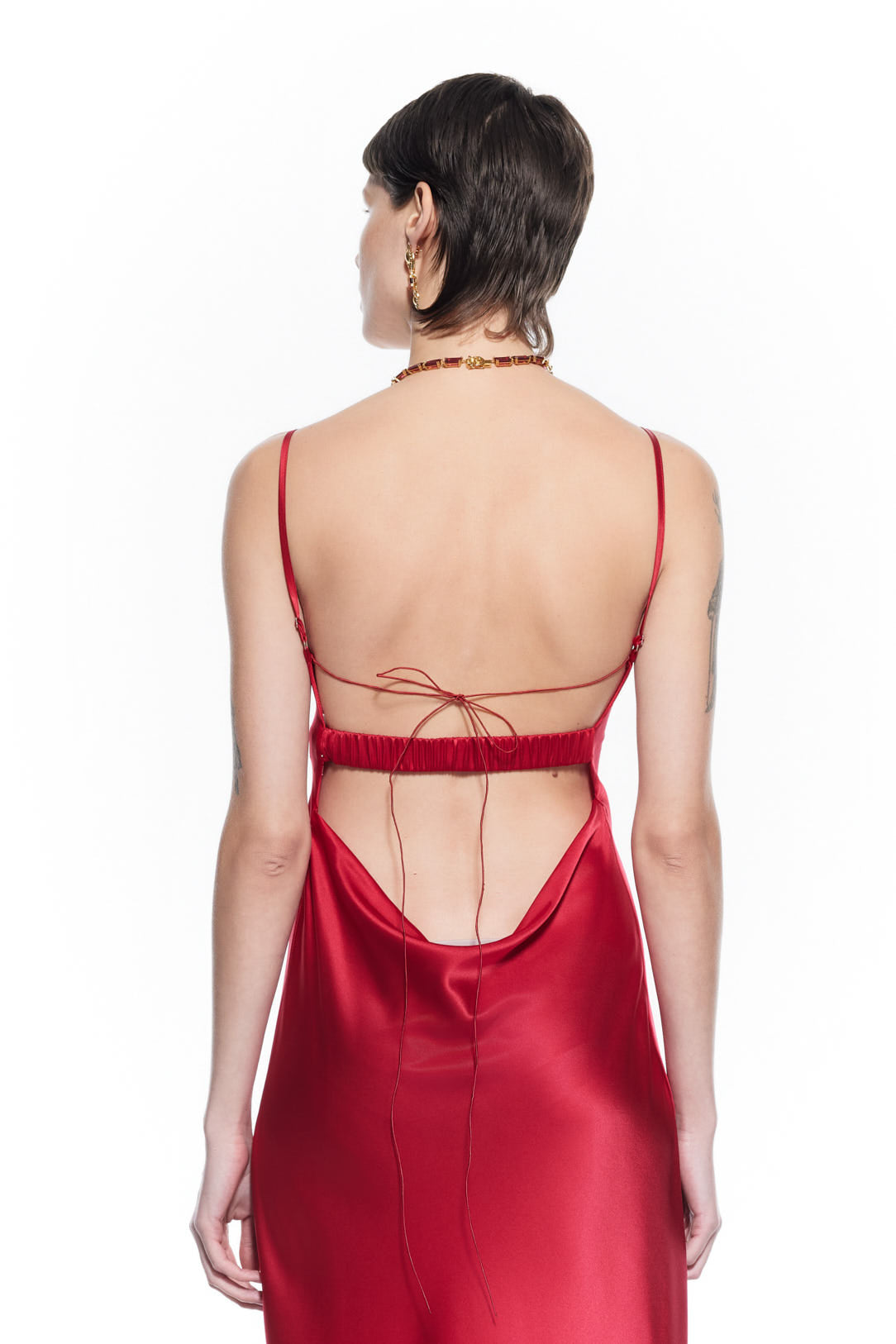Red Back String Long Silk Dress.