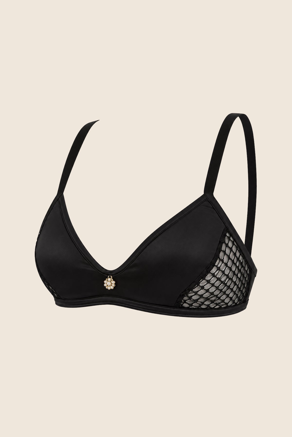 Elys Bare Luxury Satin and Lace Triangle Bra & Thong Set Black