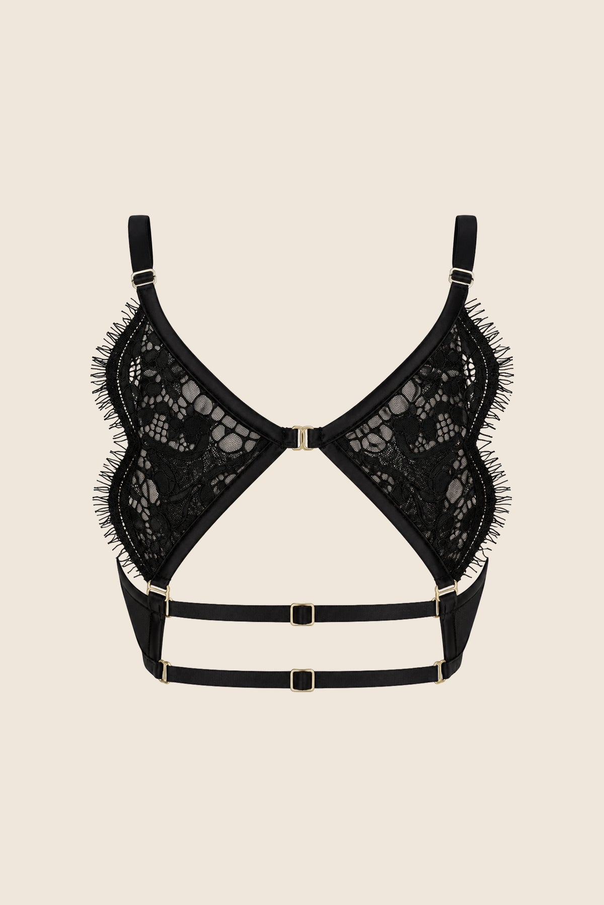 Elys Bare Luxury Satin and Lace Triangle Bra & Thong Set Black