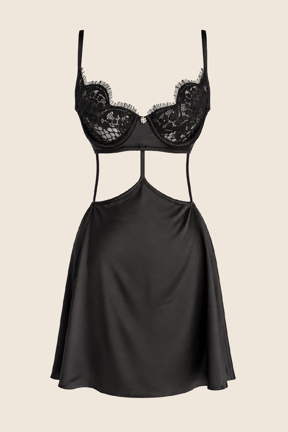 Elys Reveal Luxury Lace & Satin Mini Dress Black