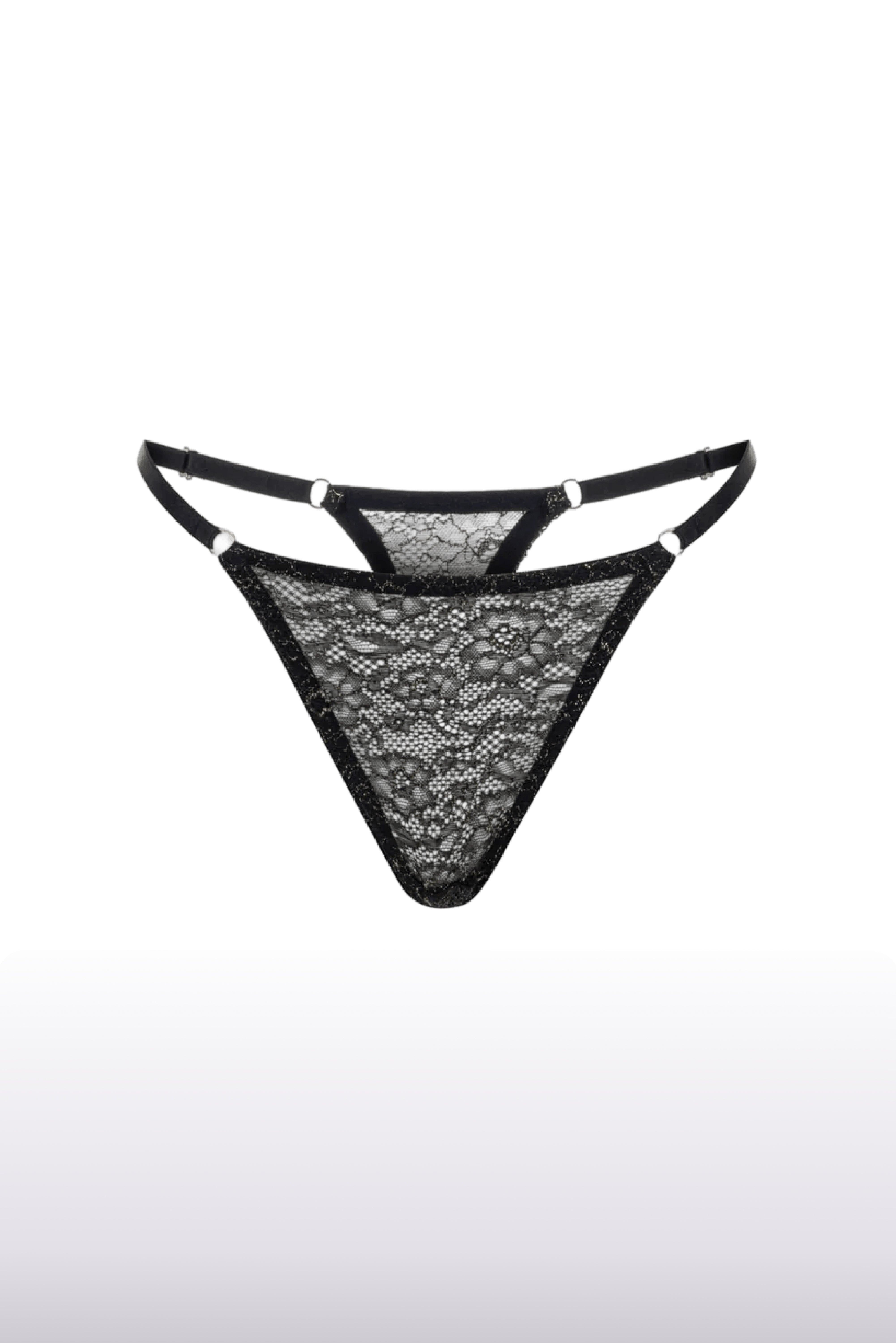 Shiny Black French Lace Thong