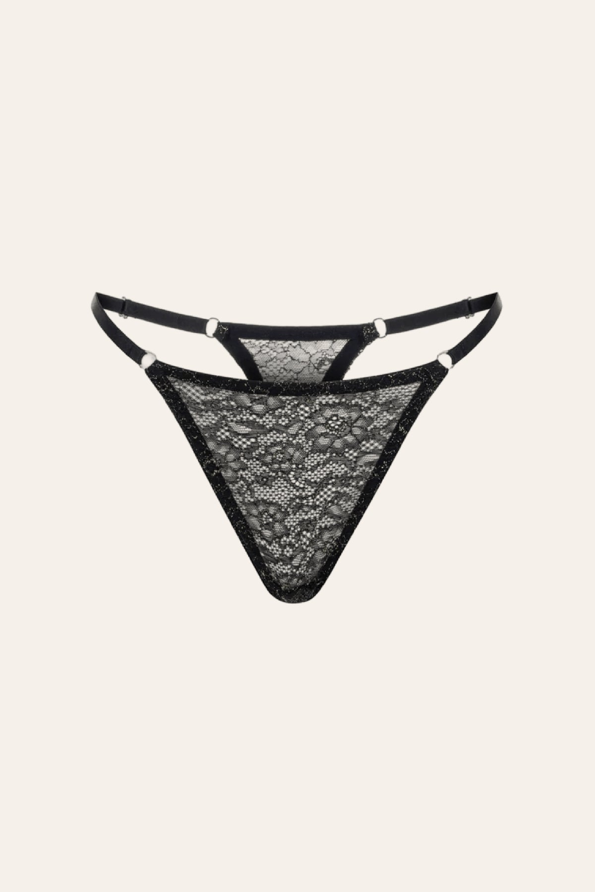 Shiny Siyah Simli Fransız Dantel Tanga